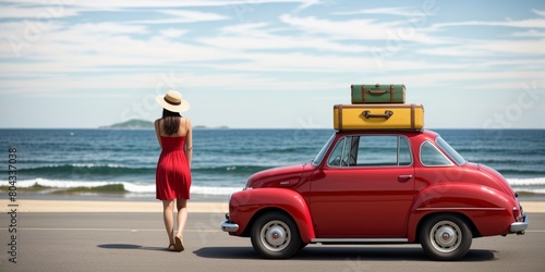 Woman and Classic car ,Vacation concept.