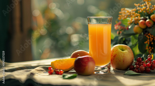 Glass of fresh apple juice and fruits on table