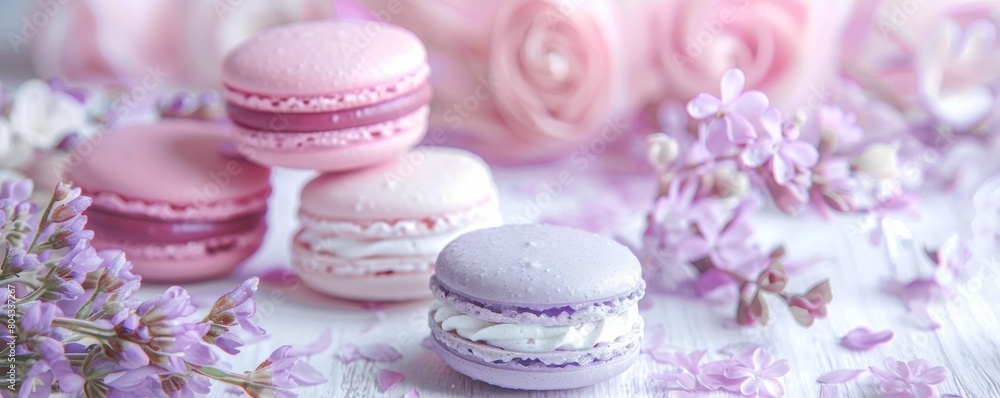 A stack of pink and purple macarons with purple flowers. A stack of pink and purple macarons with purple flowers.