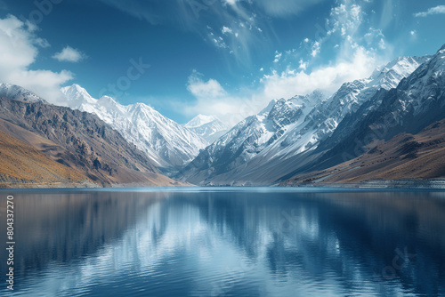 A serene lake surrounded by snow-capped mountains under a cloud-streaked sky  isolated on solid white background.