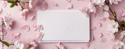 Blank card mockup with beautiful pink cherry blossom flowers on a pink background. © Pachara