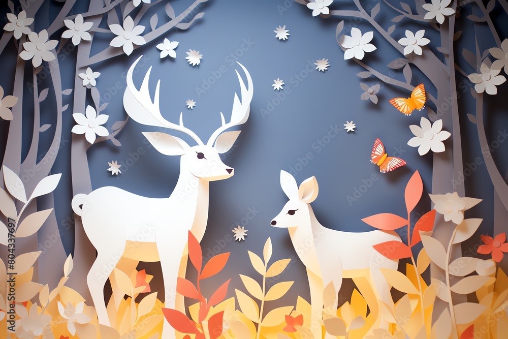 A deer and a fawn in a paper cut forest with flowers and butterflies. A deer and a fawn in a paper cut forest with flowers and butterflies.