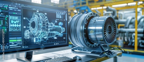 A computer CAD software mock-up showing the design of a green energy turbine engine in 3D. An efficient motor prototyping set. VFX template for PC and laptop screens. 3D rendering.