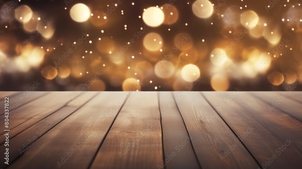 An wood empty floor with bokeh light effect in the background