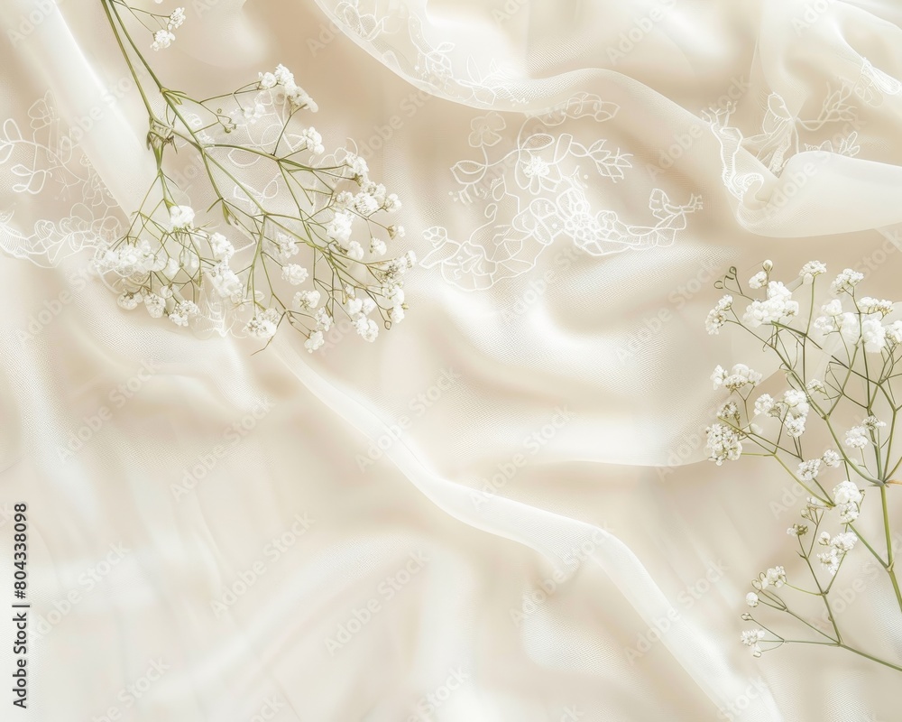 A beautiful cream-colored silk fabric with delicate white flowers. A beautiful cream-colored silk fabric with delicate white flowers.