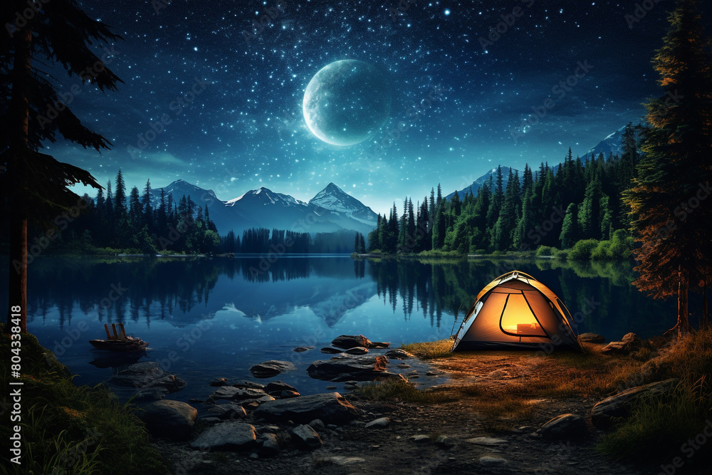 A serene lakeside campsite with a tent pitched under starry night skies, isolated on solid white background. A serene lakeside campsite with a tent pitched under starry night skies, isolated on solid white background.