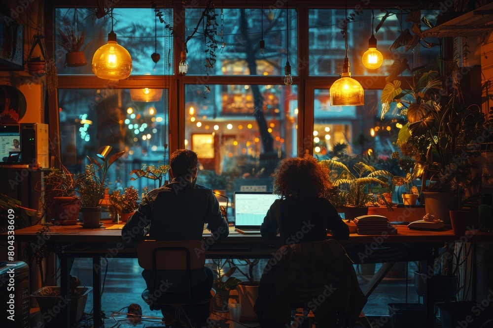Two individuals working on a laptop in a warmly lit cafe setting, showcasing a productive yet relaxed work environment Two individuals working on a laptop in a warmly lit cafe setting, showcasing a productive yet relaxed work environment