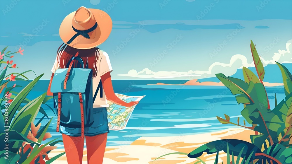 A banner with a tourist girl standing in a hat with a backpack on her back and flowing hair, holding a map against the backdrop of the seascape at the resort. The concept of active holidays