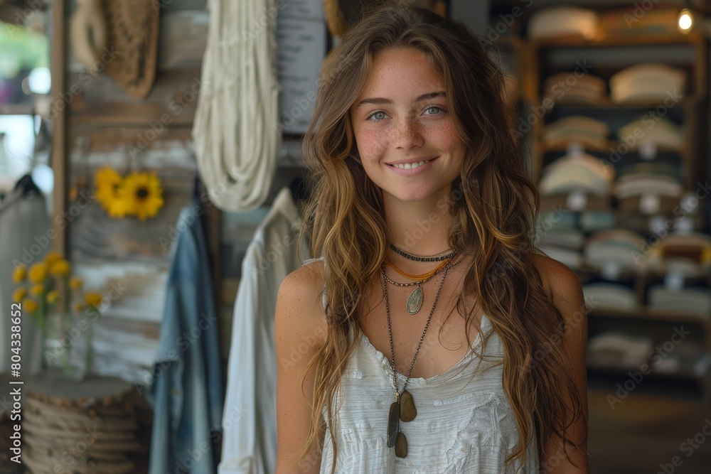 Fototapeta premium A young woman with sun-kissed hair smiling warmly inside a stylish boutique