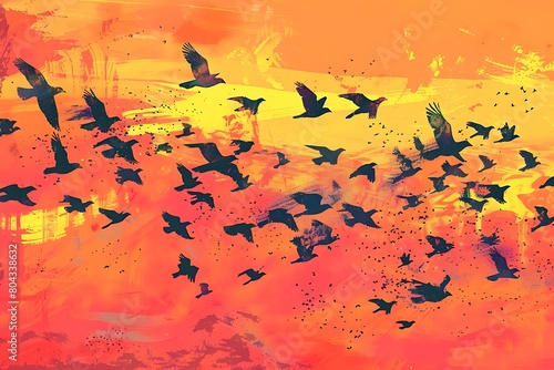 Vibrant exchange illustrated A scientific illustration of avian migration, depicting a flock of birds in vibrant plumage against a sunrise-painted sky.