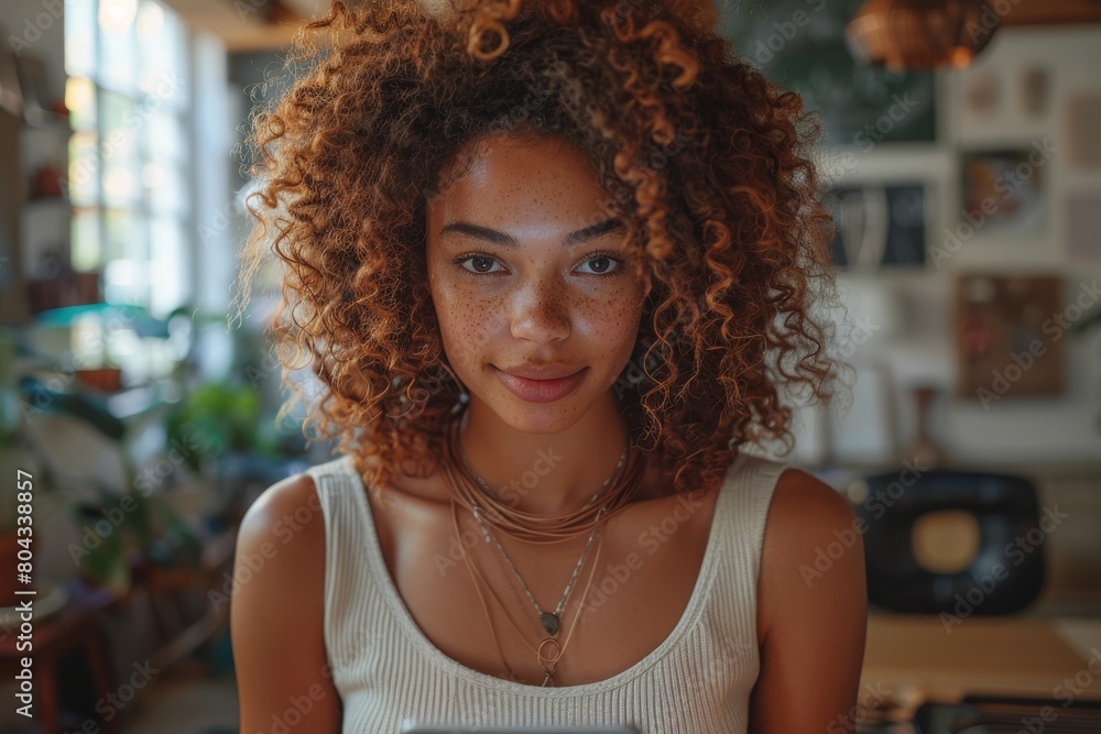 A young woman with curly hair exudes warmth with a friendly smile in a cozy shop A young woman with curly hair exudes warmth with a friendly smile in a cozy shop