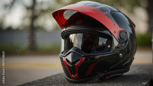 A black motorcycle helmet with a red stripe on the top and a clear visor.   © Muzamil