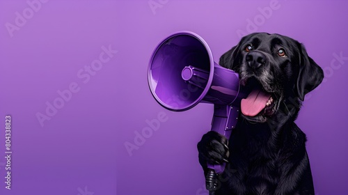 Surreal Labrador Retriever Dog Holding Megaphone Making Announcement on Vivid Violet Background photo