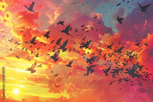 Vibrant exchange illustrated A scientific illustration of avian migration, depicting a flock of birds in vibrant plumage against a sunrise-painted sky.