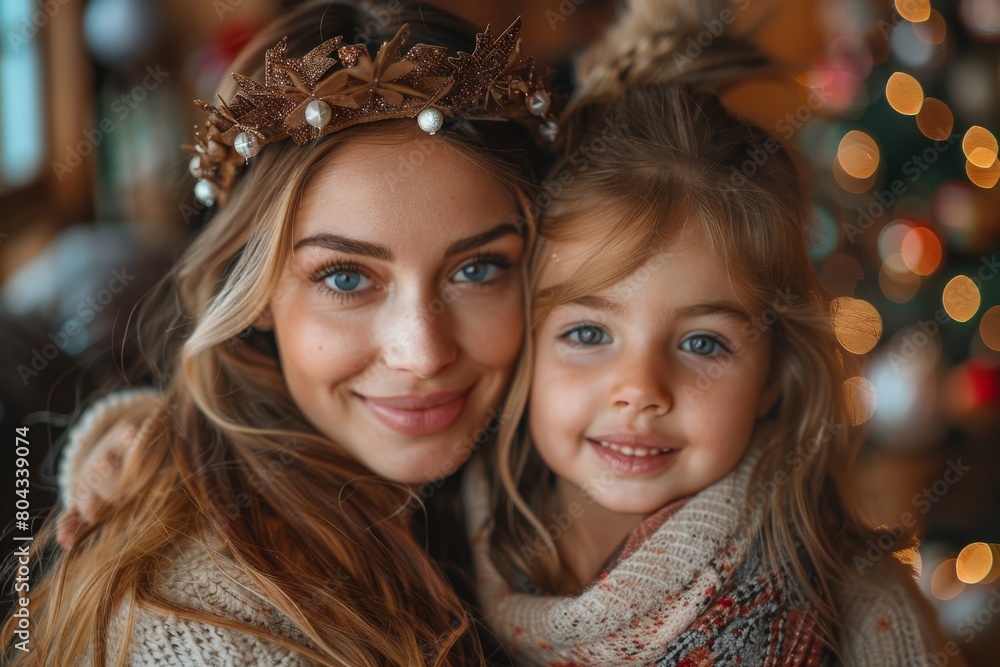 Beautiful mother and daughter posing with festive crowns, holiday lights in the background Beautiful mother and daughter posing with festive crowns, holiday lights in the background