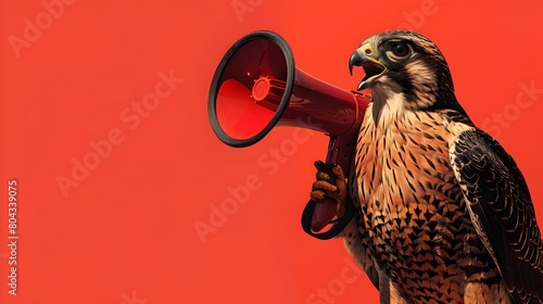 Powerful Falcon Wielding Megaphone on Vivid Crimson Background