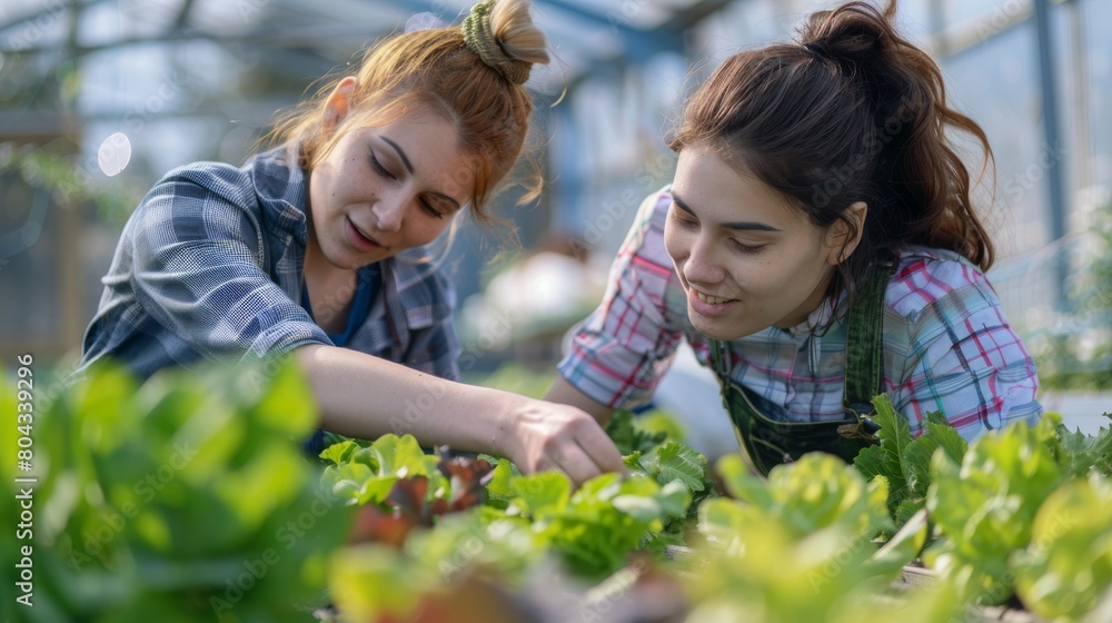 Women work together in a greenhouse, growing and caring for plants. They are passionate about agriculture and sustainability. Organic farming concept.