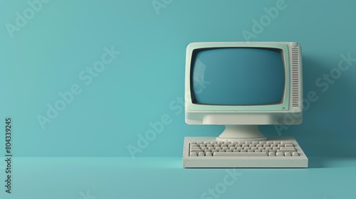  a 90s computer  showing the wear and tear on the keyboard and the slight curvature of the CRT monitor. The monochromatic blue background enhances the computers vintage aesthetic photo