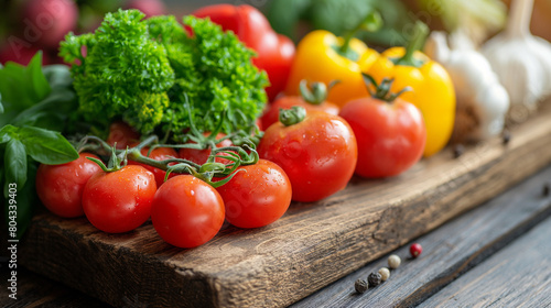 Vegetables on wooden board on white wooden background.