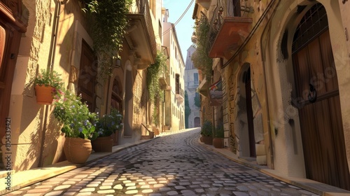 A 3D animated sequence of a travel vlogger walking through a narrow cobblestoned alley