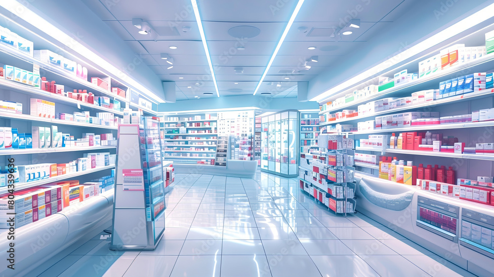 Modern and bright pharmacy interior with neatly organized shelves.