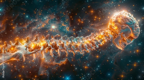 Artistic rendering of a series of spinal vertebrae floating against a cosmic backdrop with one disc dramatically colored and slightly displaced photo
