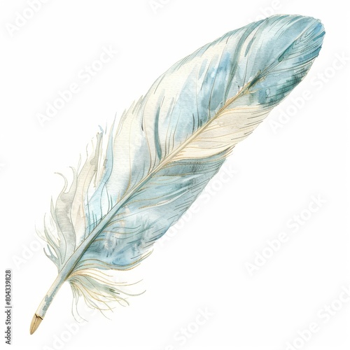 A watercolor painting of a blue and white feather with gold accents.