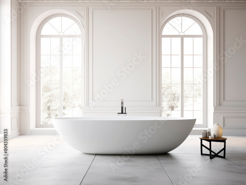 An elegant bathroom interior with freestanding tub  classic architecture  and snowy view  Generative AI. Generative AI