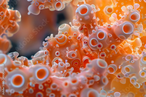 A close up of a coral reef with many small orange and white bubbles photo