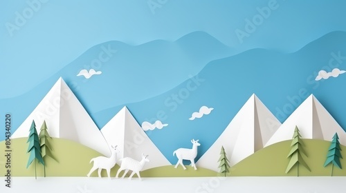 A minimalist 3D papercraft scene of white deer walking through green hills and mountains.