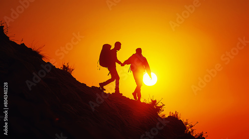Silhouettes of hikers helping each other on a hill at sunset  orange and black colors  concept of teamwork. Generative AI
