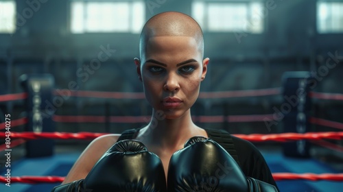 Realistic 3D visualization of a woman with a shaved head standing confidently in a boxing ring wearing gloves. This powerful image represents the fight against cancer © Miso Ai