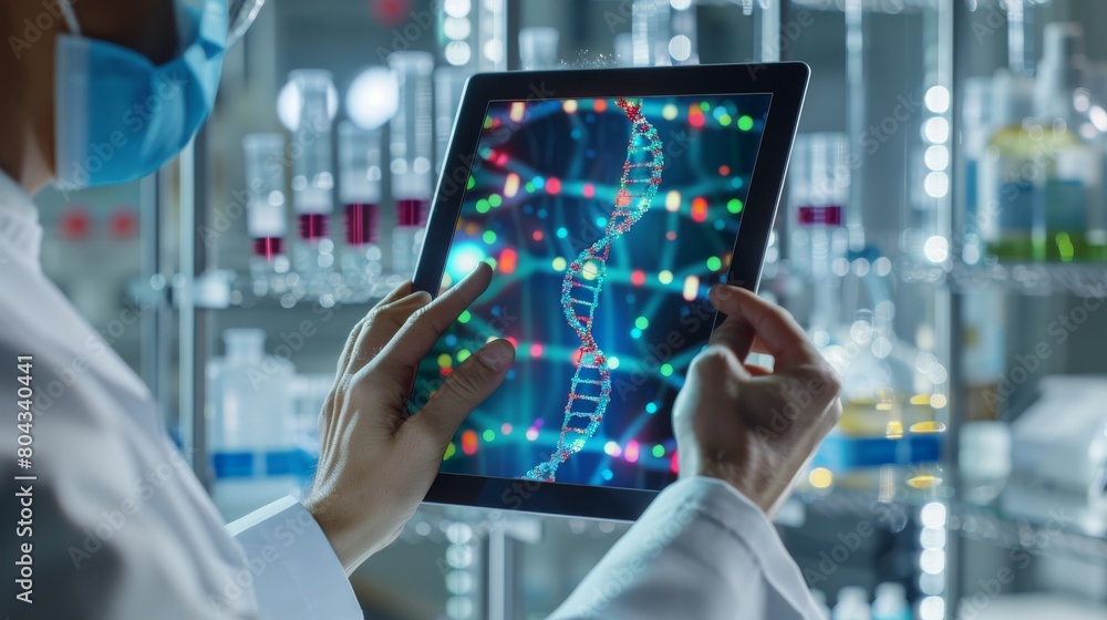 Healthcare professional examines colorful DNA helix on a tablet screen, highlighting advanced genetic research in a modern lab Healthcare professional examines colorful DNA helix on a tablet screen, highlighting advanced genetic research in a modern lab