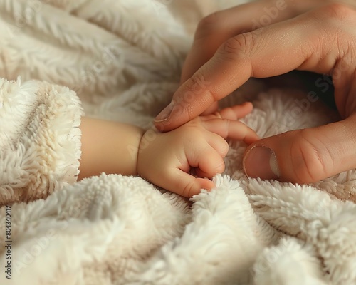 Close-up of a babys hand gently gripping an adults finger with a soft © reels