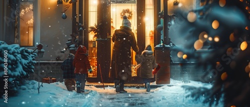 A grandmother visits her family for the holidays during a snowy winter evening. A young woman opens the door, and the grandchildren rush to meet their grandmother with gifts and gifts for the photo