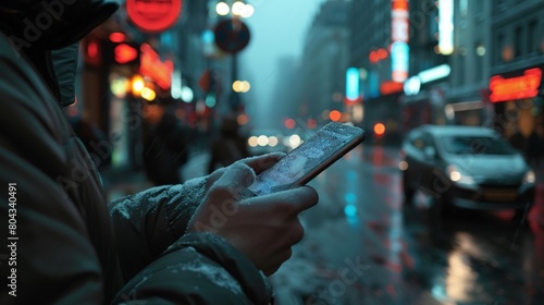 Close-up of a hand swiping on a smartphone with a dynamic street scene blurred in the background