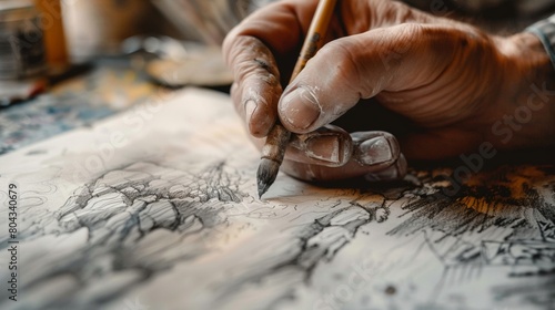 Detailed image of a hand engaged in creating a detailed ink drawing