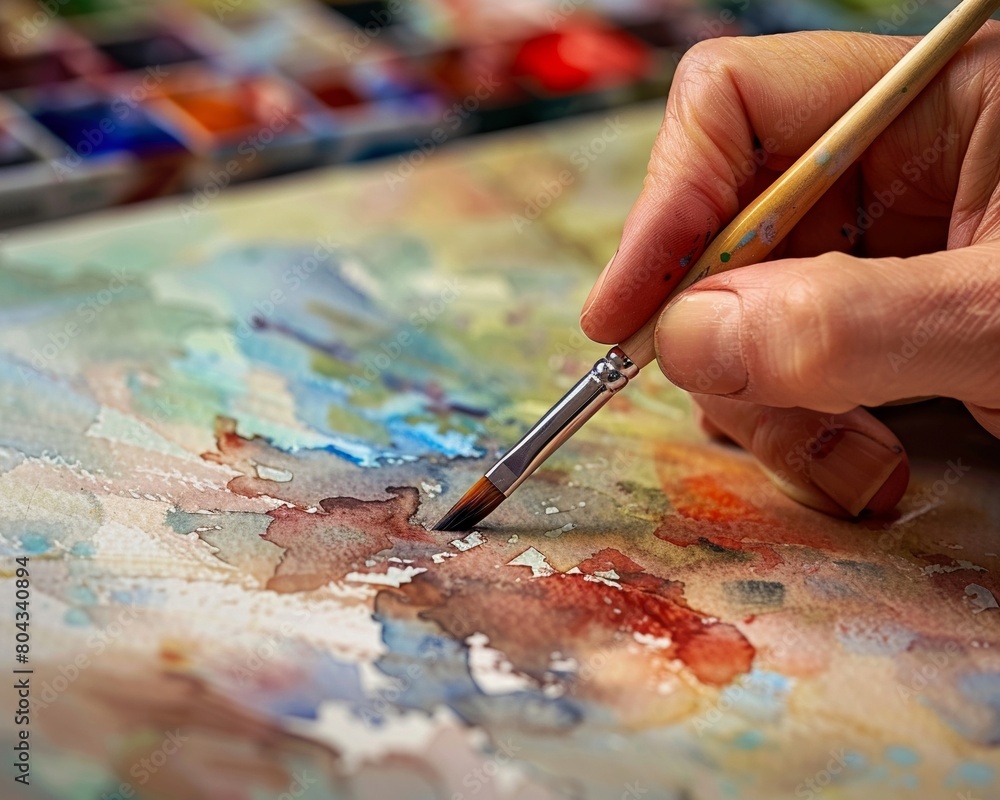 Image of a hand meticulously painting a watercolor Image of a hand meticulously painting a watercolor