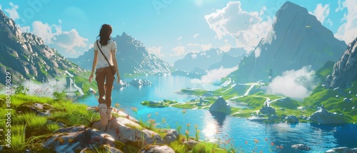 The video game mock-up features a playable character on an adventure, discovering, looking at a goal marked on the map as she respawns. Fantasy RPG with a female hero character on an adventure. photo