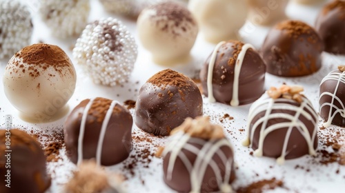 A variety of chocolate truffles, some with nuts and sprinkles on top.