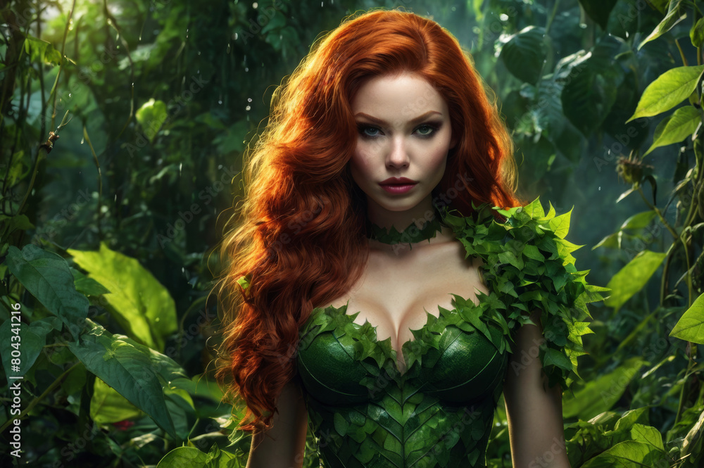 Beautiful woman with red hair in a green dress made of leaves, standing in a forest surrounded by nature Beautiful woman with red hair in a green dress made of leaves, standing in a forest surrounded by nature