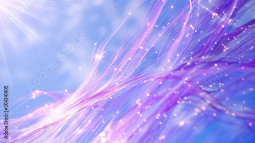Shimmering purple threads of energy with blue sky at background 