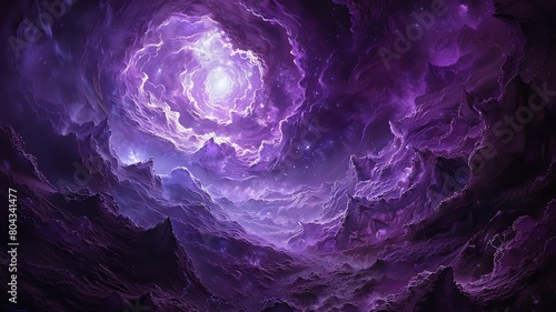 A graphic illustration, background, screensaver, backdrop, futuristic concept of an underground cave in a Vortex of deep purple swirls with a light at the end of the tunnel