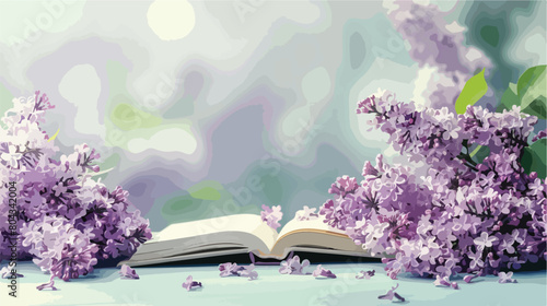 Blank book and beautiful lilac flowers on color background photo