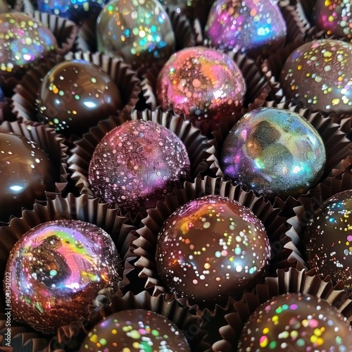 A close-up image of a variety of chocolate truffles, decorated with colorful sprinkles and edible glitter.