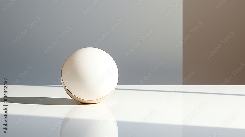 A white sphere sits on a white table with a grey background. A white sphere sits on a white table with a grey background.