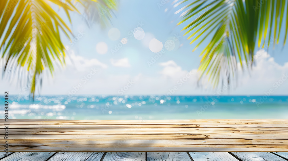 Top of wood table with seascape and palm leaves, blur bokeh light of calm sea and sky at tropical beach background. Empty ready for your product display montage. summer vacation background concept. Top of wood table with seascape and palm leaves, blur bokeh light of calm sea and sky at tropical beach background. Empty ready for your product display montage. summer vacation background concept.