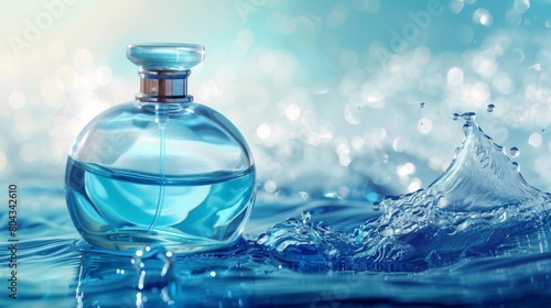 Glass perfume bottle submerged in blue water with a flowing wave background.