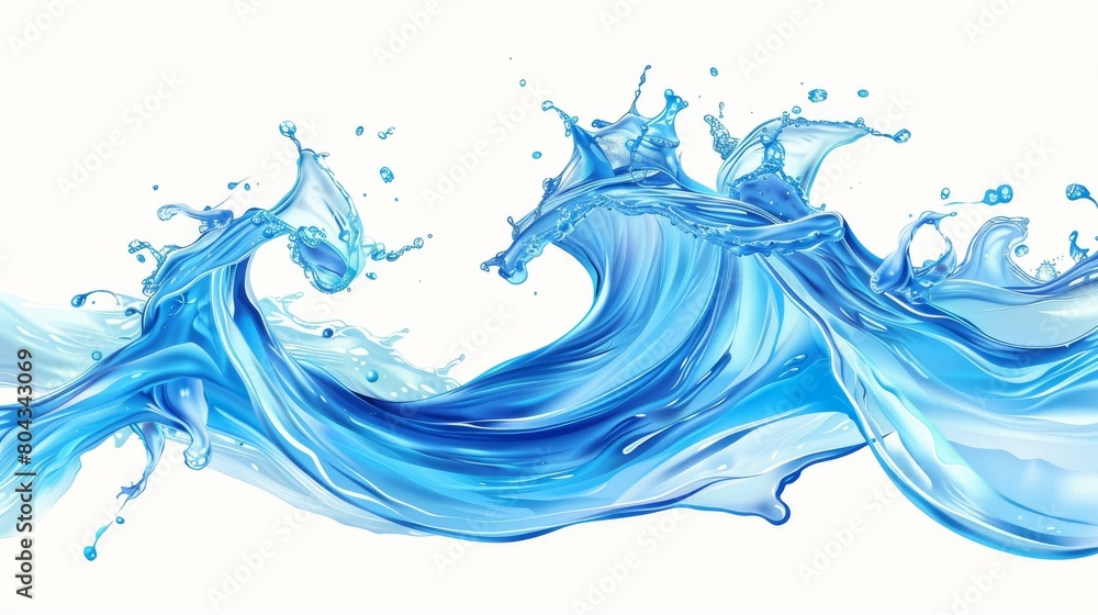 A realistic vector illustration of a transparent blue water wave splash, resembling a pouring swirl or spill. This image depicts the flow of cold water or soda.