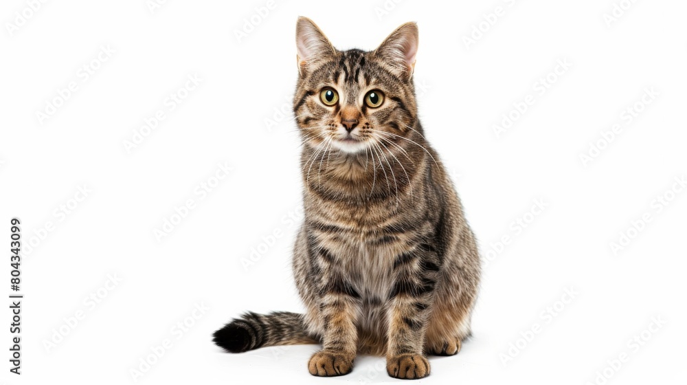 A photo of a tabby cat is sitting and facing forward isolated on white background.